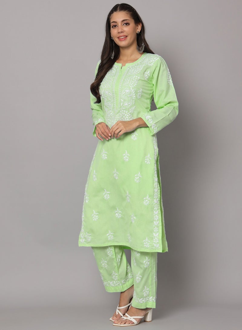 Alaya Women Hand Embroidered Chikankari Cotton Kurta Set-AL3674KS - Image 2