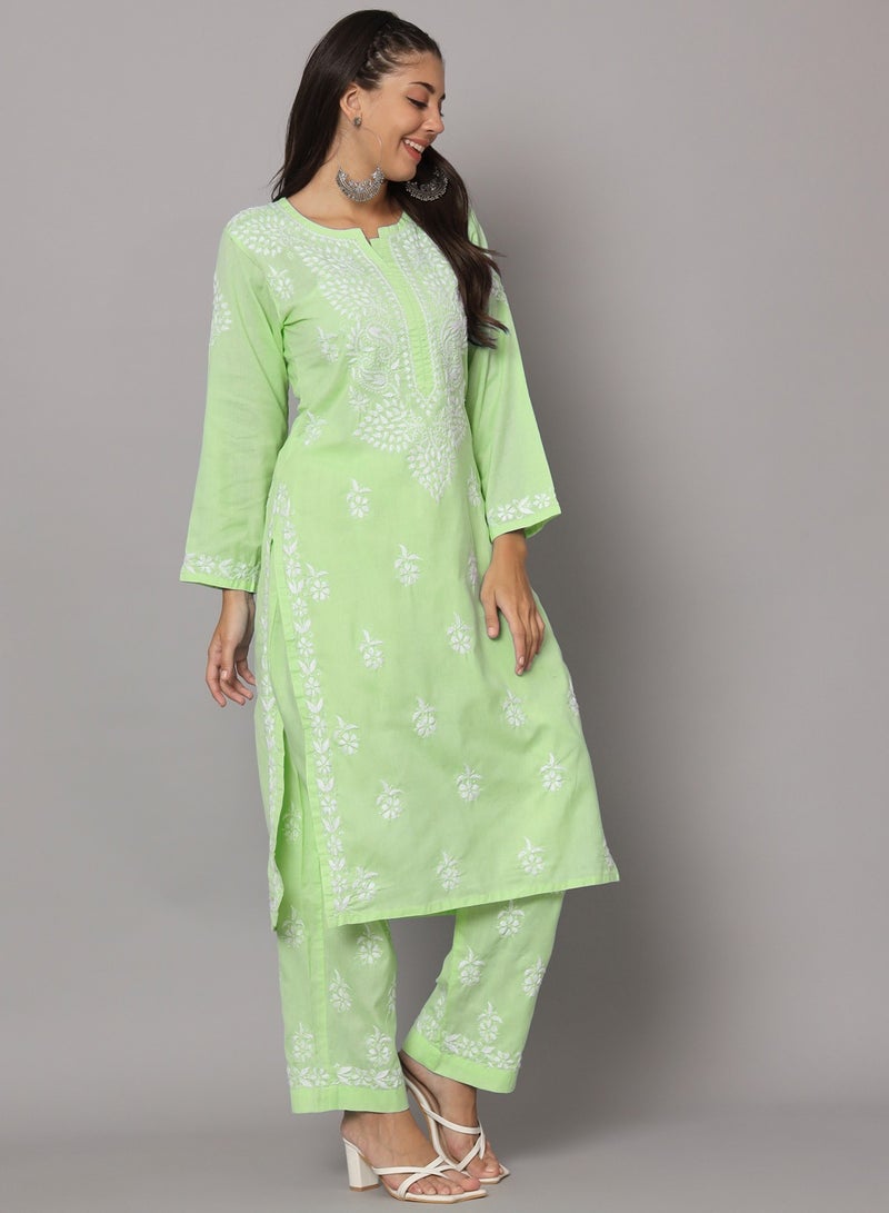 Alaya Women Hand Embroidered Chikankari Cotton Kurta Set-AL3674KS - Image 5