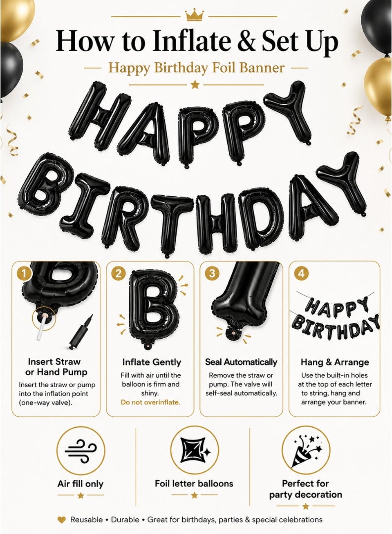 Party Time Happy Birthday Foil Balloon Banner Set 16 Inch Black Letters Party Decoration - Image 4