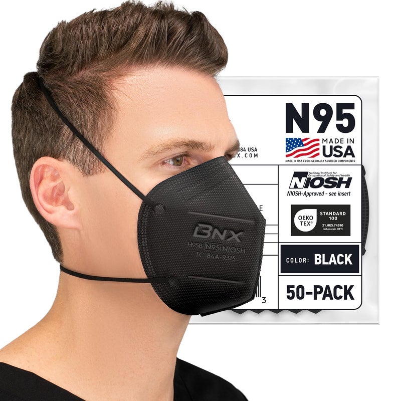 AccuMed BNX N95 Mask Black NIOSH Certified MADE IN USA Particulate Respirator Protective Face Mask (50-Pack, Approval Number TC-84A-9315 / Model H95B) Black - Image 1