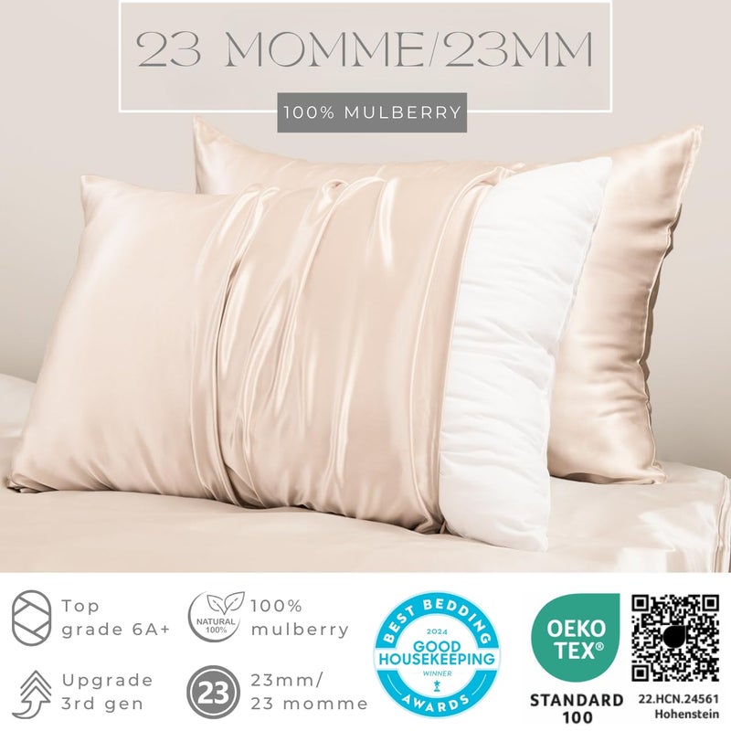 PROMEED غطاء وسادة من حرير التوت 100% من PROMEED للشعر والبشرة، من الجهتين 23 مومي درجة 6A+ مع سحاب مخفي، 1400 TC، ناعم وسلس (مقاس قياسي 20"x26"، شامبانيا) - Image 2