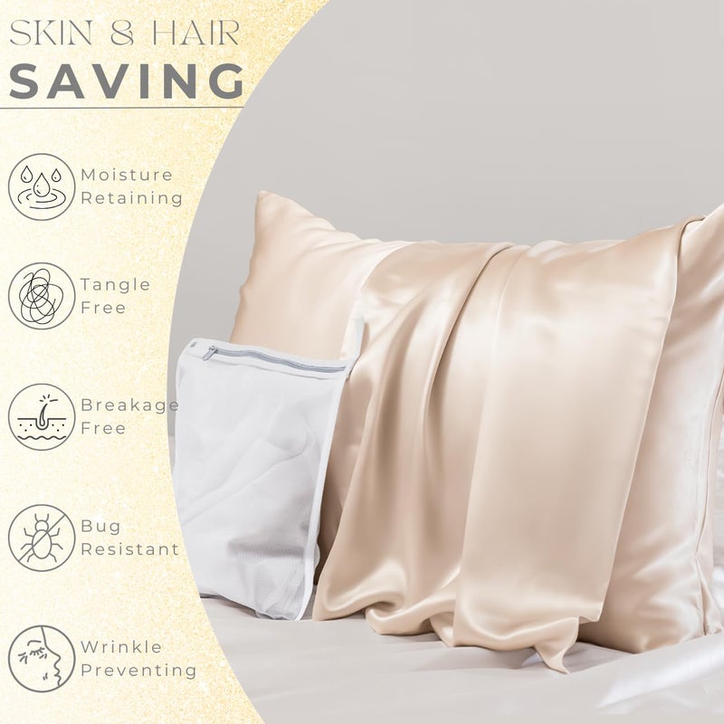 PROMEED غطاء وسادة من حرير التوت 100% من PROMEED للشعر والبشرة، من الجهتين 23 مومي درجة 6A+ مع سحاب مخفي، 1400 TC، ناعم وسلس (مقاس قياسي 20"x26"، شامبانيا) - Image 3