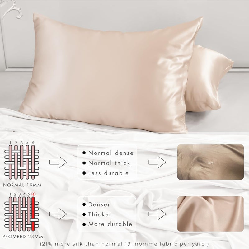 PROMEED غطاء وسادة من حرير التوت 100% من PROMEED للشعر والبشرة، من الجهتين 23 مومي درجة 6A+ مع سحاب مخفي، 1400 TC، ناعم وسلس (مقاس قياسي 20"x26"، شامبانيا) - Image 4
