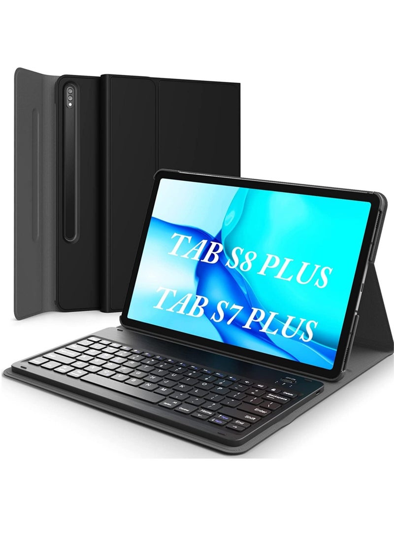 ELTRAZONE Galaxy Tab S8 Plus/ S7 Plus Keyboard Case, Wireless Detachable, PU Leather Stand Cover, Micro USB Rechargeable, Keyboard Case for Samsung Galaxy Tab S8+ 2022, S7+ 2020 12.4", Black  - Image 1