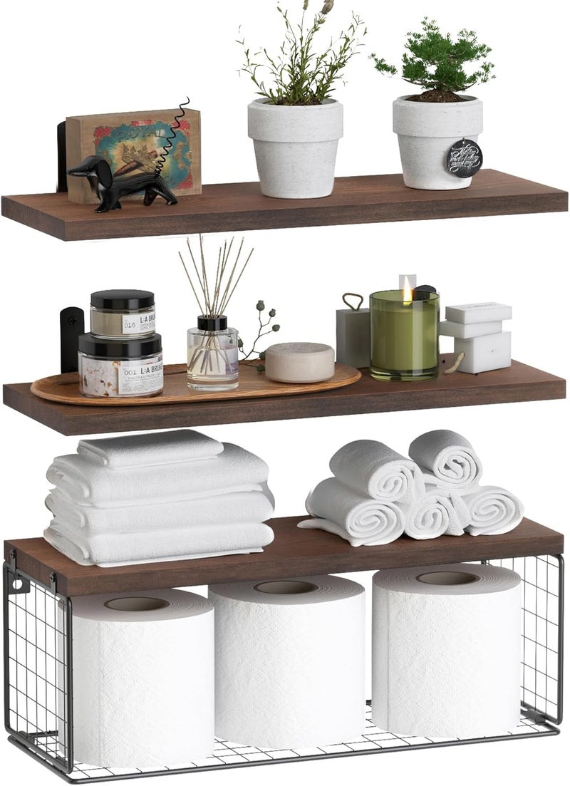WOPITUES Bathroom Shelf Over Toilet, Floating Bathroom Shelf Wall Mounted with Wire Basket, Floating Shelf for Wall Décor-Rustic Brown - Image 1