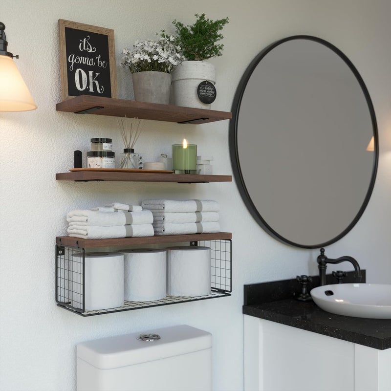 WOPITUES Bathroom Shelf Over Toilet, Floating Bathroom Shelf Wall Mounted with Wire Basket, Floating Shelf for Wall Décor-Rustic Brown - Image 5
