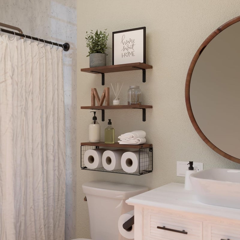 WOPITUES Bathroom Shelf Over Toilet, Floating Bathroom Shelf Wall Mounted with Wire Basket, Floating Shelf for Wall Décor-Rustic Brown - Image 4