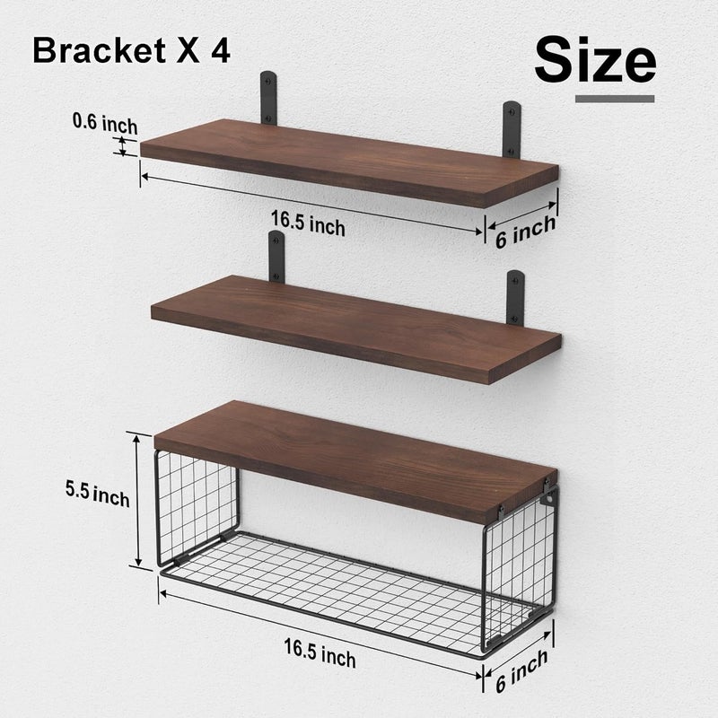 WOPITUES Bathroom Shelf Over Toilet, Floating Bathroom Shelf Wall Mounted with Wire Basket, Floating Shelf for Wall Décor-Rustic Brown - Image 3