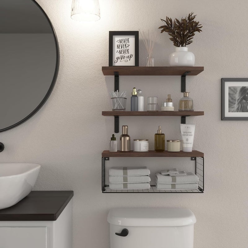 WOPITUES Bathroom Shelf Over Toilet, Floating Bathroom Shelf Wall Mounted with Wire Basket, Floating Shelf for Wall Décor-Rustic Brown - Image 2