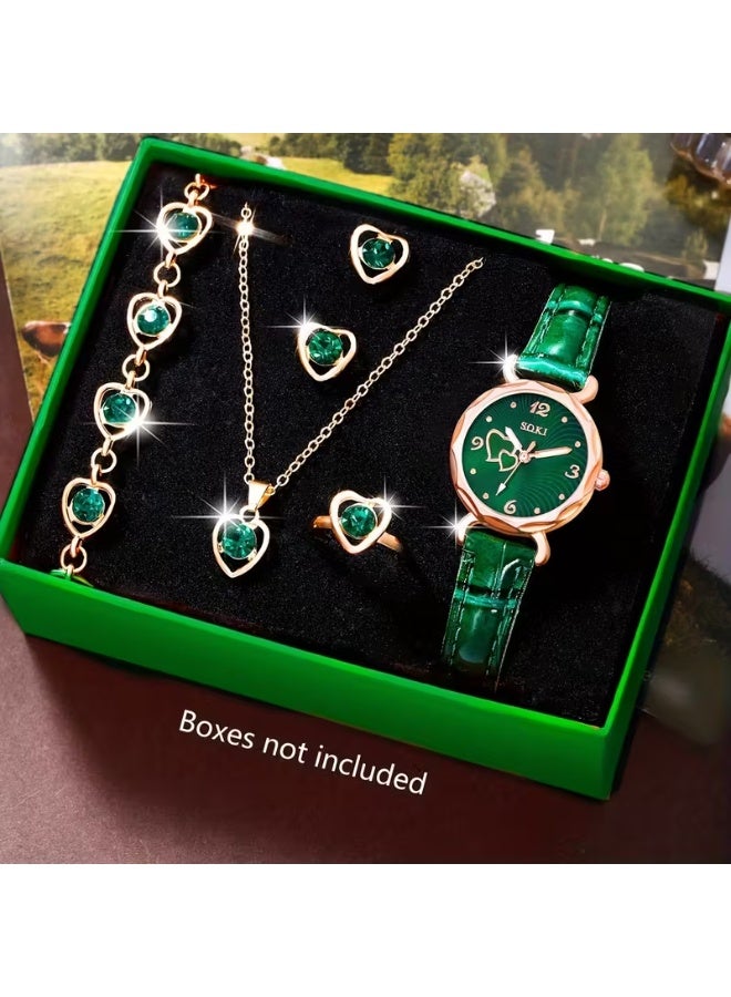 Ladies Watch 6pcs Ladies Fashionable Casual Quartz Watch with Peach Shaped Dial And Heart Necklace Earrings Bracelet Rings Jewelry Set Suitable for Daily Wear, Back-to- Season, Graduation Season, Thanksgiving, Couples, The Best Gifts No Box - Image 1