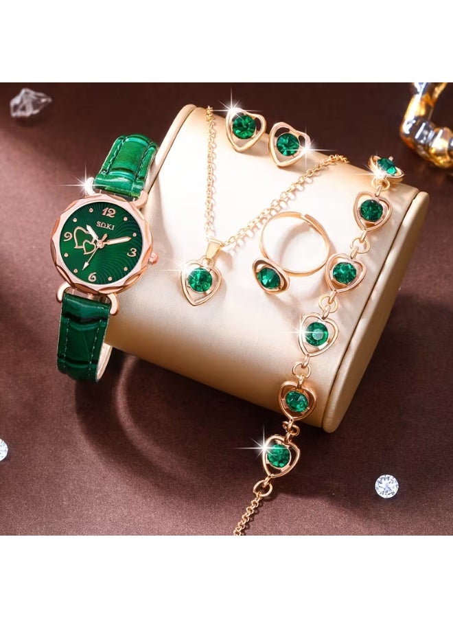 Ladies Watch 6pcs Ladies Fashionable Casual Quartz Watch with Peach Shaped Dial And Heart Necklace Earrings Bracelet Rings Jewelry Set Suitable for Daily Wear, Back-to- Season, Graduation Season, Thanksgiving, Couples, The Best Gifts No Box - Image 2