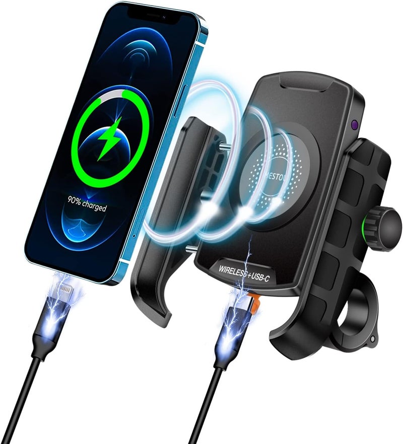 iMESTOU Motorcycle Wireless Phone Mount Charger QC3.0 USB C Handlebar/Rear-View Mirror Phone Holder Works with 12V/24V Motorcycles or by Plugging to USB A Socket Universal for 4.0-7.0" Cellphones - Image 1