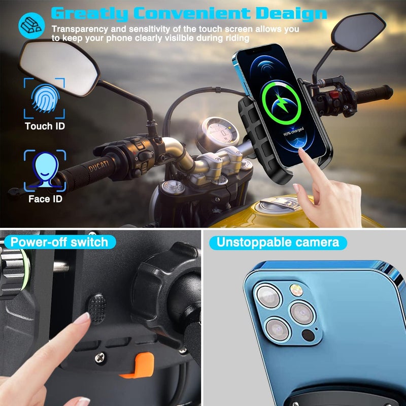 iMESTOU Motorcycle Wireless Phone Mount Charger QC3.0 USB C Handlebar/Rear-View Mirror Phone Holder Works with 12V/24V Motorcycles or by Plugging to USB A Socket Universal for 4.0-7.0" Cellphones - Image 5