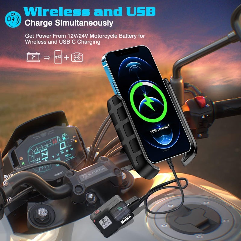 iMESTOU Motorcycle Wireless Phone Mount Charger QC3.0 USB C Handlebar/Rear-View Mirror Phone Holder Works with 12V/24V Motorcycles or by Plugging to USB A Socket Universal for 4.0-7.0" Cellphones - Image 2