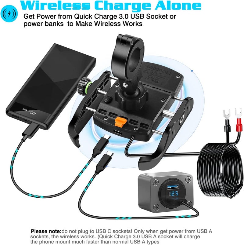 iMESTOU Motorcycle Wireless Phone Mount Charger QC3.0 USB C Handlebar/Rear-View Mirror Phone Holder Works with 12V/24V Motorcycles or by Plugging to USB A Socket Universal for 4.0-7.0" Cellphones - Image 3