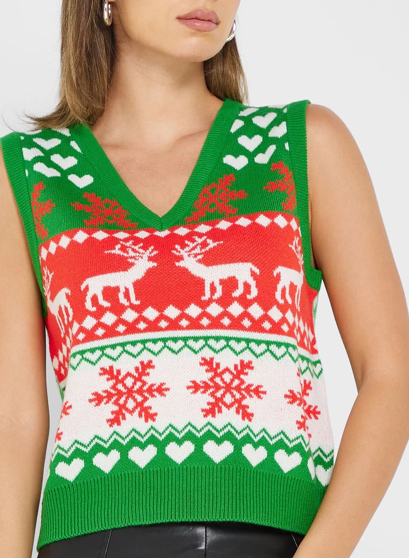 ONLY V-Neck Printed Sweater