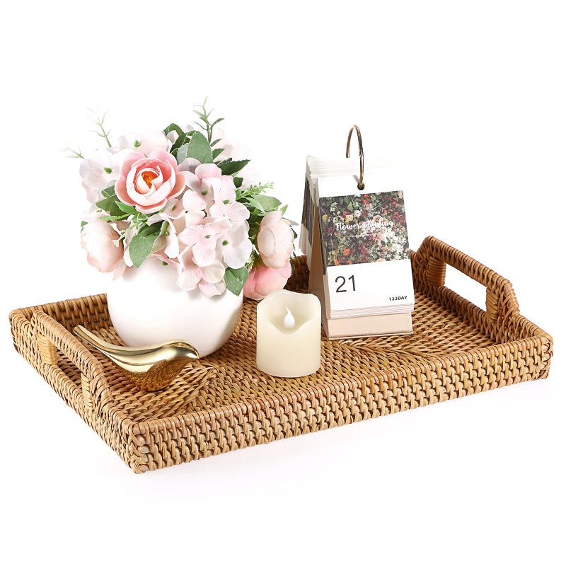 Hipiwe Rattan Serving Tray with Handles  HandWoven Decorative Tray for Storage Breakfast Drinks SnackRectangular Basket Organizer Tray for Coffee Table Home Decor Medium