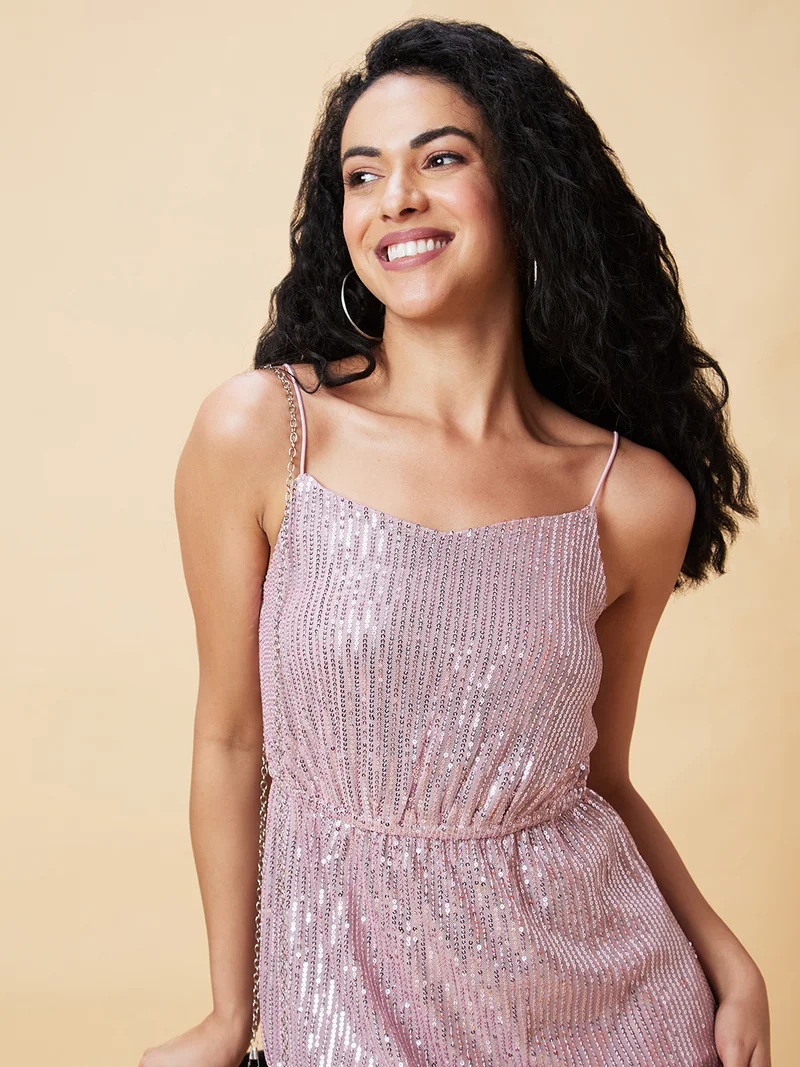 globus Women Mauve Embellished Shoulder Straps Sequinned A-Line Dress