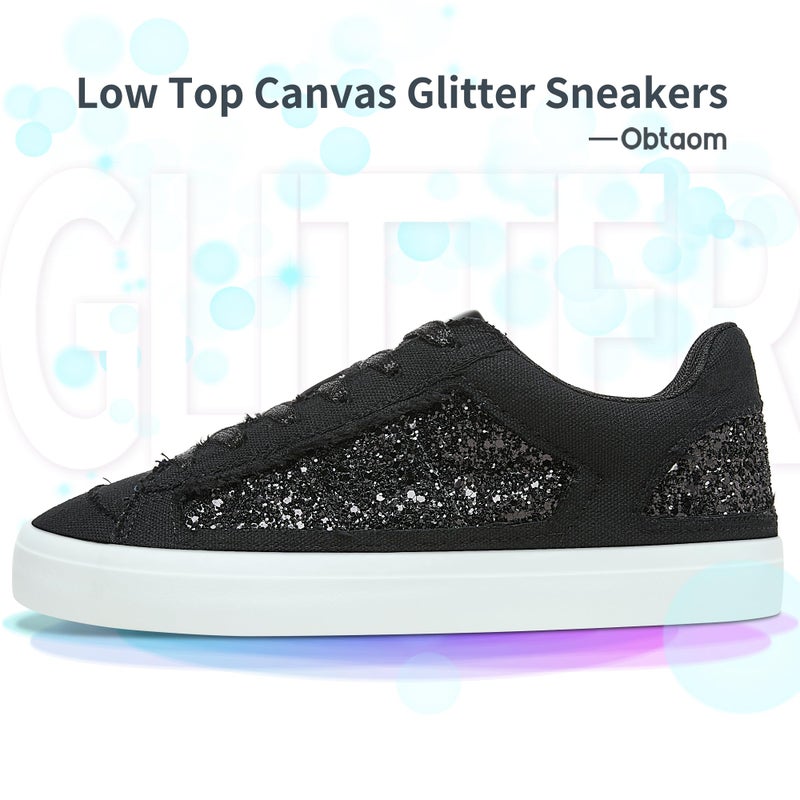 Obtaom Women Glitter Sneakers Sparkly Sequin Canvas Fashion Sneakers Comfortable Lace Up Shiny Bling Shoes for Wedding Party(Black Glitter Canvas,US5) - Image 4