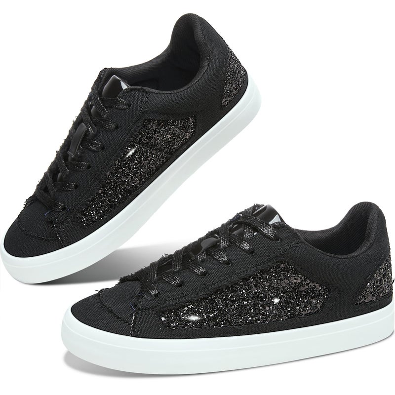 Obtaom Women Glitter Sneakers Sparkly Sequin Canvas Fashion Sneakers Comfortable Lace Up Shiny Bling Shoes for Wedding Party(Black Glitter Canvas,US5) - Image 1