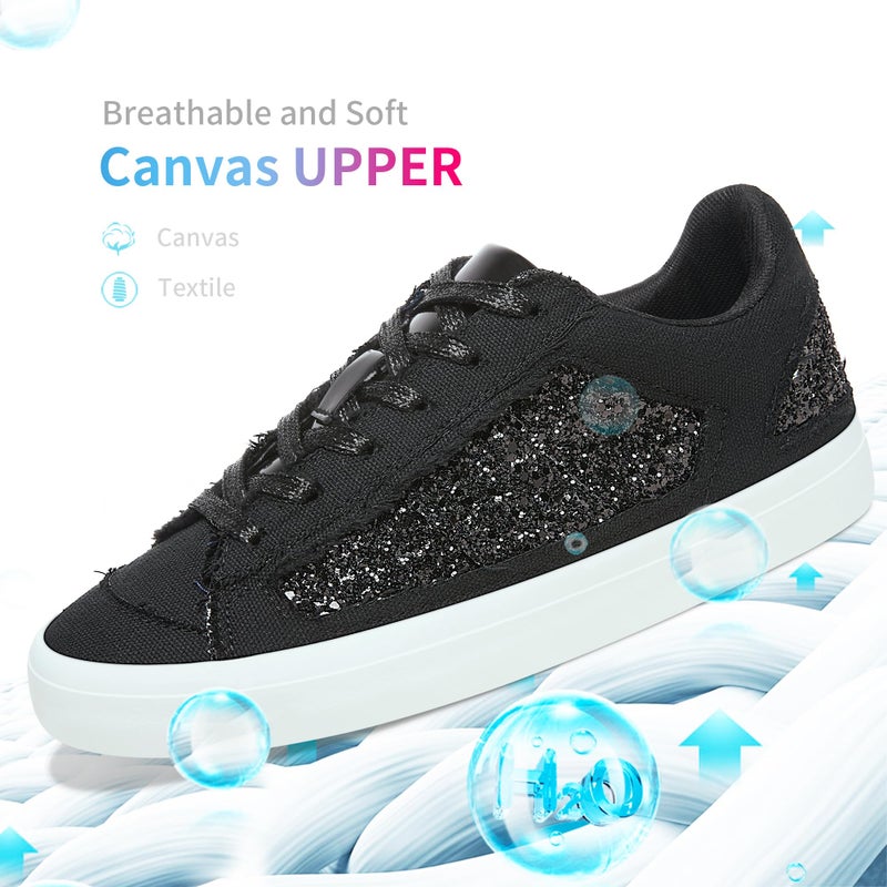 Obtaom Women Glitter Sneakers Sparkly Sequin Canvas Fashion Sneakers Comfortable Lace Up Shiny Bling Shoes for Wedding Party(Black Glitter Canvas,US5) - Image 5