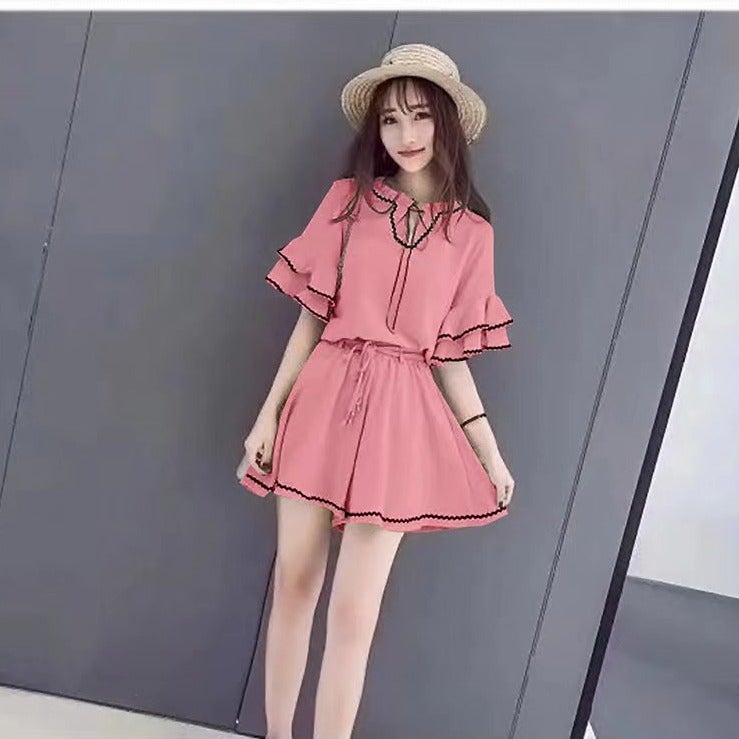 2024 Summer Korean Loose Ruffle Sleeve Top  High-Waist Shorts Set Women Beige White - Image 2