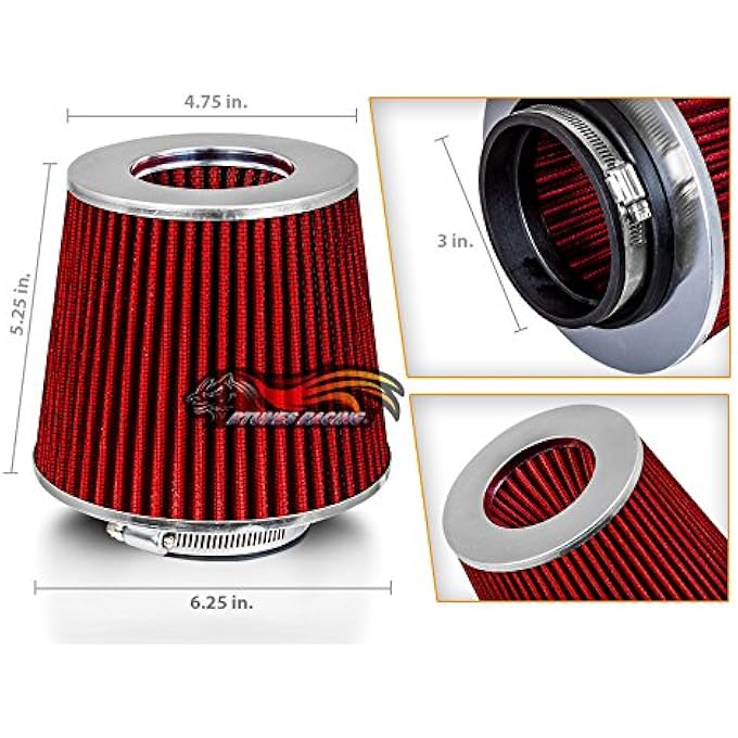 Rtunes Racing RED 3" 76 mm Inlet Cold Air Intake Cone Replacement Performance Washable Clamp-On Dry Air Filter - Image 2