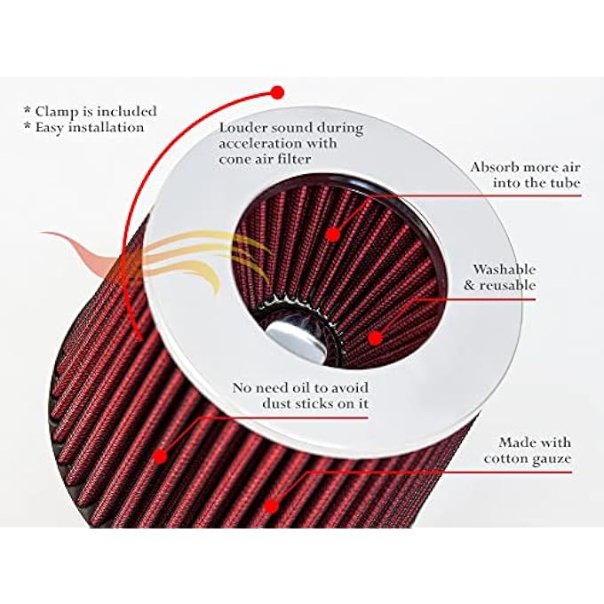 Rtunes Racing RED 3" 76 mm Inlet Cold Air Intake Cone Replacement Performance Washable Clamp-On Dry Air Filter - Image 5