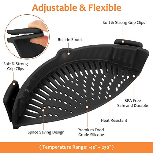 YEVIOR Clip on Strainer for Pots Pan Pasta Strainer, Silicone Food Strainer Hands-Free Pan Strainer, Clip-on Kitchen Food Strainer for Spaghetti, Pasta, Ground Beef Fits All Bowls and Pots (Black) - Image 2