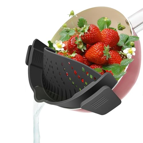 YEVIOR Clip on Strainer for Pots Pan Pasta Strainer, Silicone Food Strainer Hands-Free Pan Strainer, Clip-on Kitchen Food Strainer for Spaghetti, Pasta, Ground Beef Fits All Bowls and Pots (Black) - Image 1