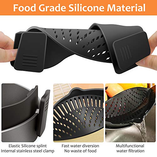YEVIOR Clip on Strainer for Pots Pan Pasta Strainer, Silicone Food Strainer Hands-Free Pan Strainer, Clip-on Kitchen Food Strainer for Spaghetti, Pasta, Ground Beef Fits All Bowls and Pots (Black) - Image 4