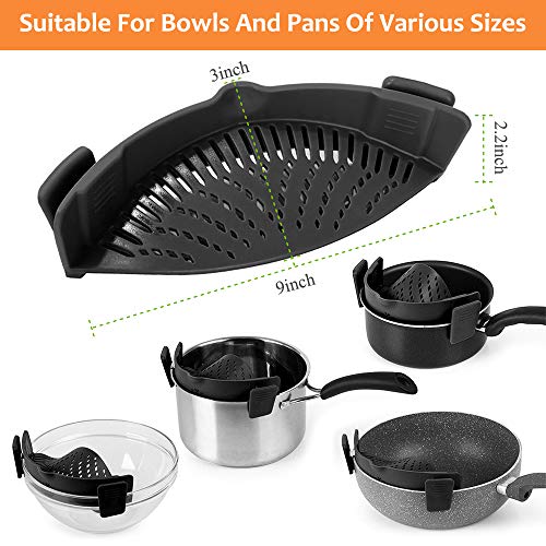 YEVIOR Clip on Strainer for Pots Pan Pasta Strainer, Silicone Food Strainer Hands-Free Pan Strainer, Clip-on Kitchen Food Strainer for Spaghetti, Pasta, Ground Beef Fits All Bowls and Pots (Black) - Image 3