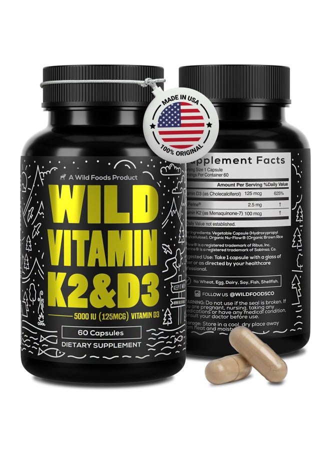 Wild Foods 5000iu Vitamin D3 + K2 | (100mcg Mk7) with Black Pepper Extract, Plant-Based, Non-GMO, Soy & Gluten-Free | Dietary Supplement | Made in USA | 60 Capsules - Image 1