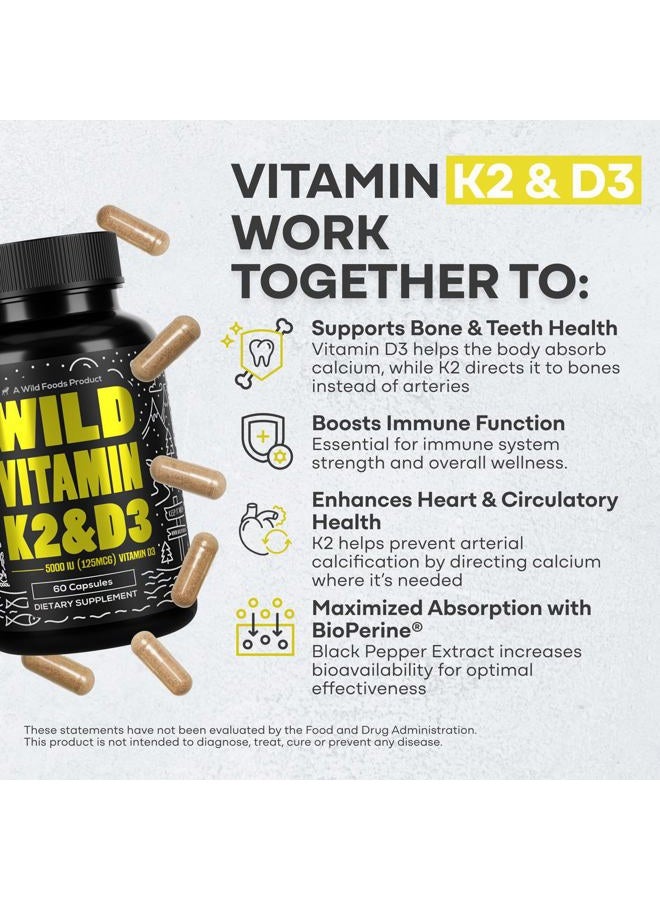 Wild Foods 5000iu Vitamin D3 + K2 | (100mcg Mk7) with Black Pepper Extract, Plant-Based, Non-GMO, Soy & Gluten-Free | Dietary Supplement | Made in USA | 60 Capsules - Image 3
