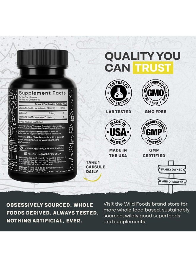 Wild Foods 5000iu Vitamin D3 + K2 | (100mcg Mk7) with Black Pepper Extract, Plant-Based, Non-GMO, Soy & Gluten-Free | Dietary Supplement | Made in USA | 60 Capsules - Image 2