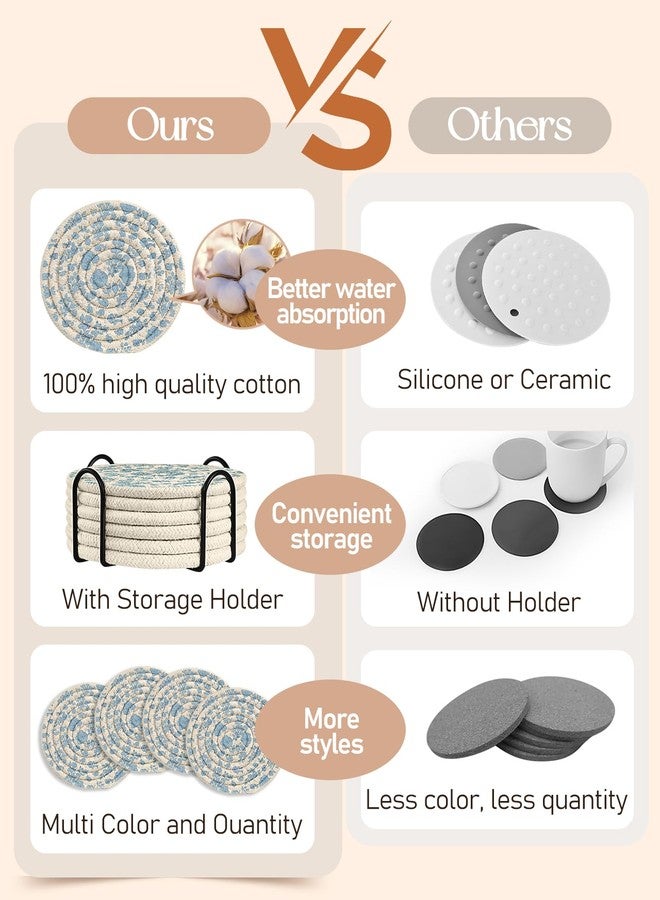 Kokaaee مجموعة قواعد أكواب كوكاي (6 قطع) - قواعد أكواب ماصة للمشروبات، مثالية لطاولة القهوة أو المكتب المنزلي، مصنوعة من قماش قطني ناعم منسوج، مع حامل، مزينة بزهرة زرقاء لطيفة. - Image 3