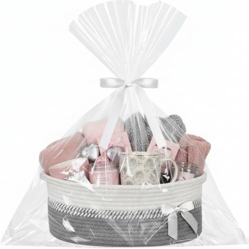 Colingmill Woven Gift Basket Empty with Handles Ribbons Bow Tie Bag 14 x 10 x 55 Inch Medium Decorative Woven Gift Basket Rope Storage Box Home Decor14 x 10 x 55 InchGray White - Image 1