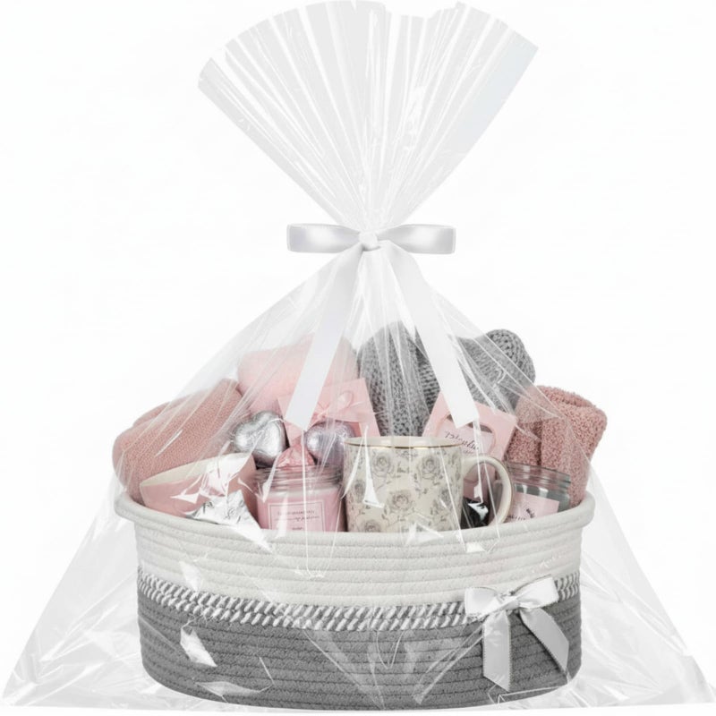 Colingmill Woven Gift Basket Empty with Handles Ribbons Bow Tie Bag 14 x 10 x 55 Inch Medium Decorative Woven Gift Basket Rope Storage Box Home Decor14 x 10 x 55 InchGray White - Image 2