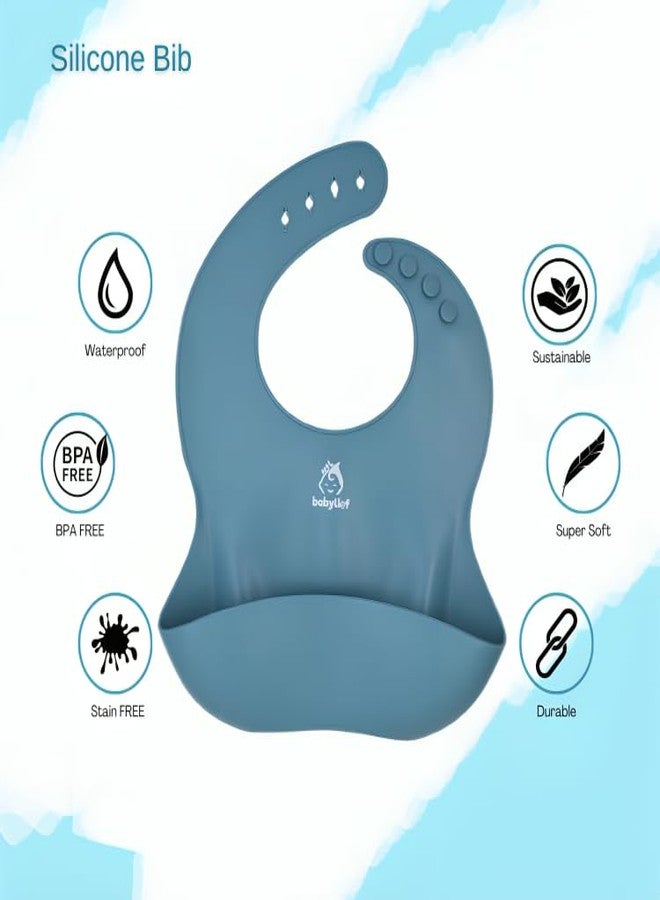 Babylief™ Baby Feeding Set, 4 Pieces, Silicone Bib, Cup with Straw, Bowl with Suction Base and Spoon, Multicolour (Powder Blue) - Image 2