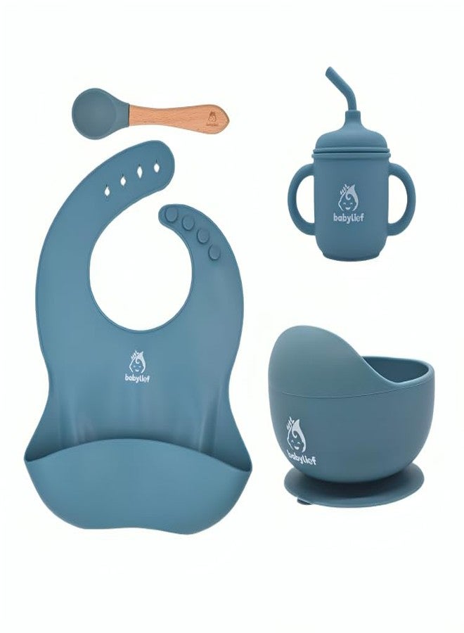 Babylief™ Baby Feeding Set, 4 Pieces, Silicone Bib, Cup with Straw, Bowl with Suction Base and Spoon, Multicolour (Powder Blue) - Image 1