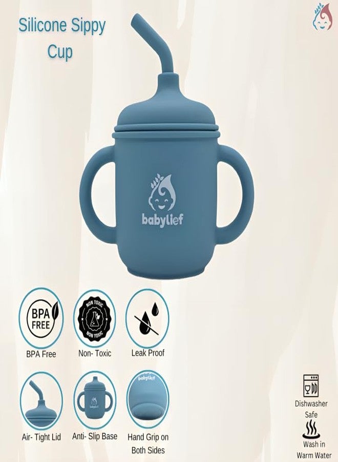 Babylief™ Baby Feeding Set, 4 Pieces, Silicone Bib, Cup with Straw, Bowl with Suction Base and Spoon, Multicolour (Powder Blue) - Image 4