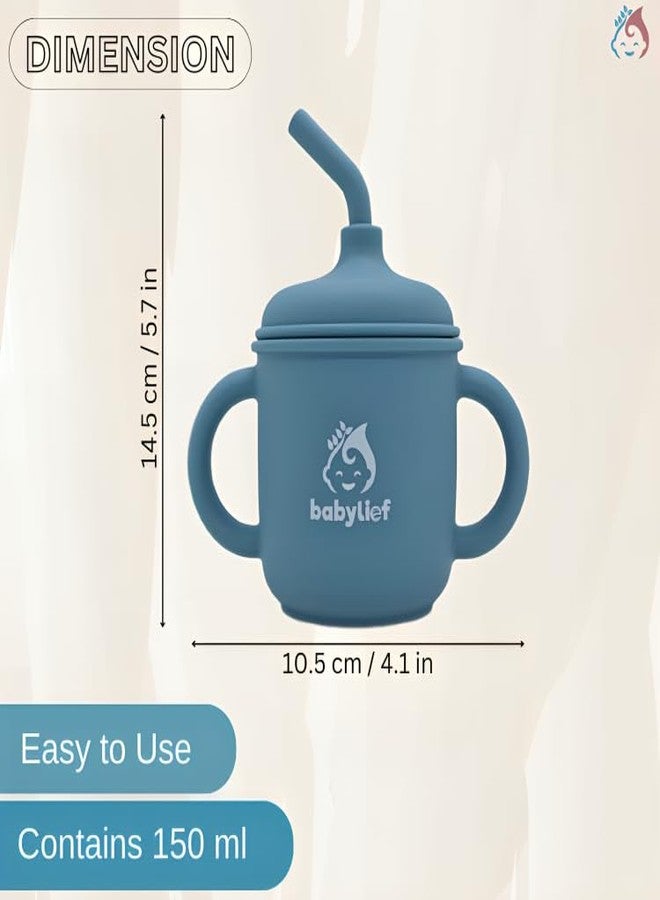 Babylief™ Baby Feeding Set, 4 Pieces, Silicone Bib, Cup with Straw, Bowl with Suction Base and Spoon, Multicolour (Powder Blue) - Image 5