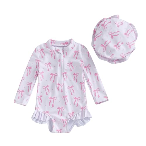 Socutebabe Baby Girl Swimsuit Baby Girls Long Sleeve One Piece Swimsuit Romper with Hat Bathing Suit Beach Rash Guard (Ivory, 3-6 Months) - Image 1