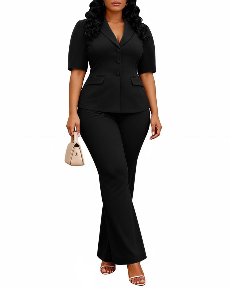 Kafiloe Pant Suits for Women Dressy Elegant Short Sleeve Blazer Suit 2 Piece Set Business Casual Outfits Black 2XL - Image 5