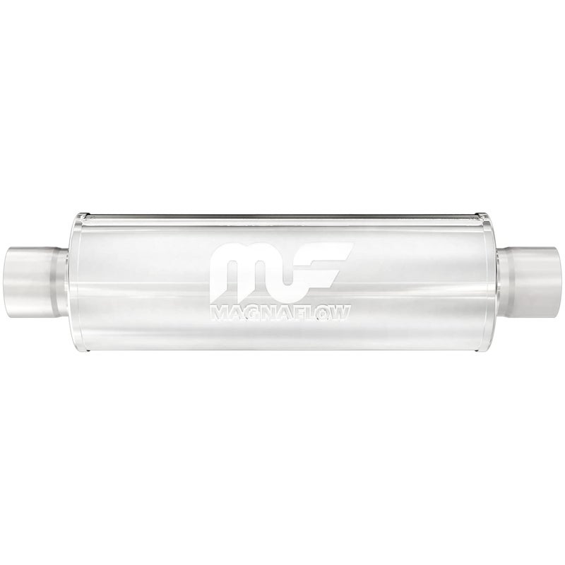 MagnaFlow Exhaust Products MagnaFlow Exhaust Products 4in Round Center/Center Performance Muffler 10415 - Straight-Through, 2.25in Inlet/Outlet Diameter, 14in Body Length, 20in Overall Length, Satin Finish - Deep Powerful Sound - Image 1