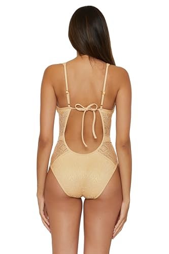 BECCA Color Play - Women's One Piece Swimsuit, Plunge Neck, Crochet, Bathing Suits for Women, Gold, Medium - Image 2