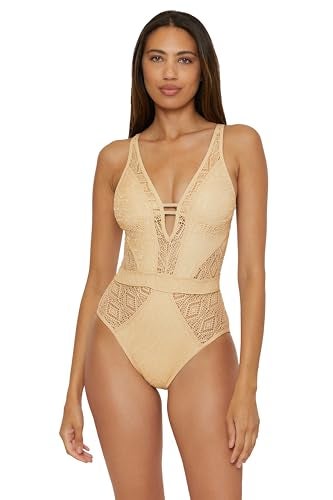 BECCA Color Play - Women's One Piece Swimsuit, Plunge Neck, Crochet, Bathing Suits for Women, Gold, Medium - Image 1