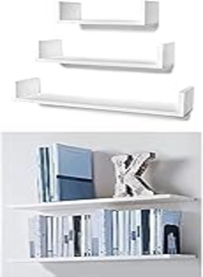 OR STOREMIC U-Shaped Floating Mounted Shelves for Wall 50cm, 35cm, 25cm, Easy to Install White, Pack of 3 + Home gallery floating shelf 80x20 white