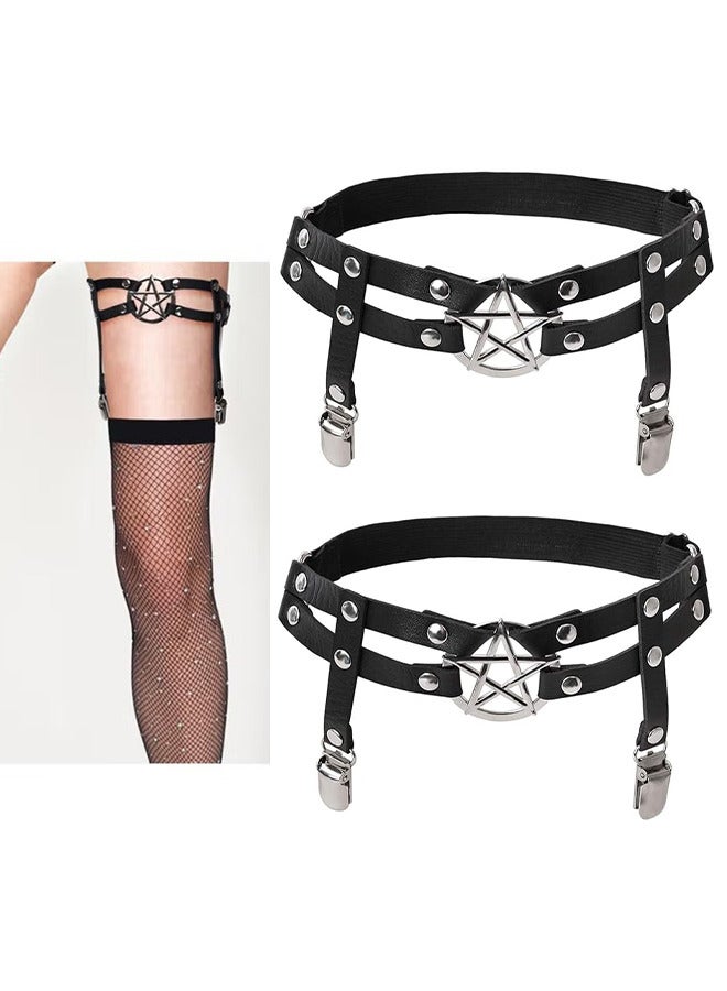 Depend Women Adjustable Leather Thigh Garter - 2 PCS Star Shaped Leg Garter With Clips Punk Goth Garters For Thigh-high Socks  - Image 1