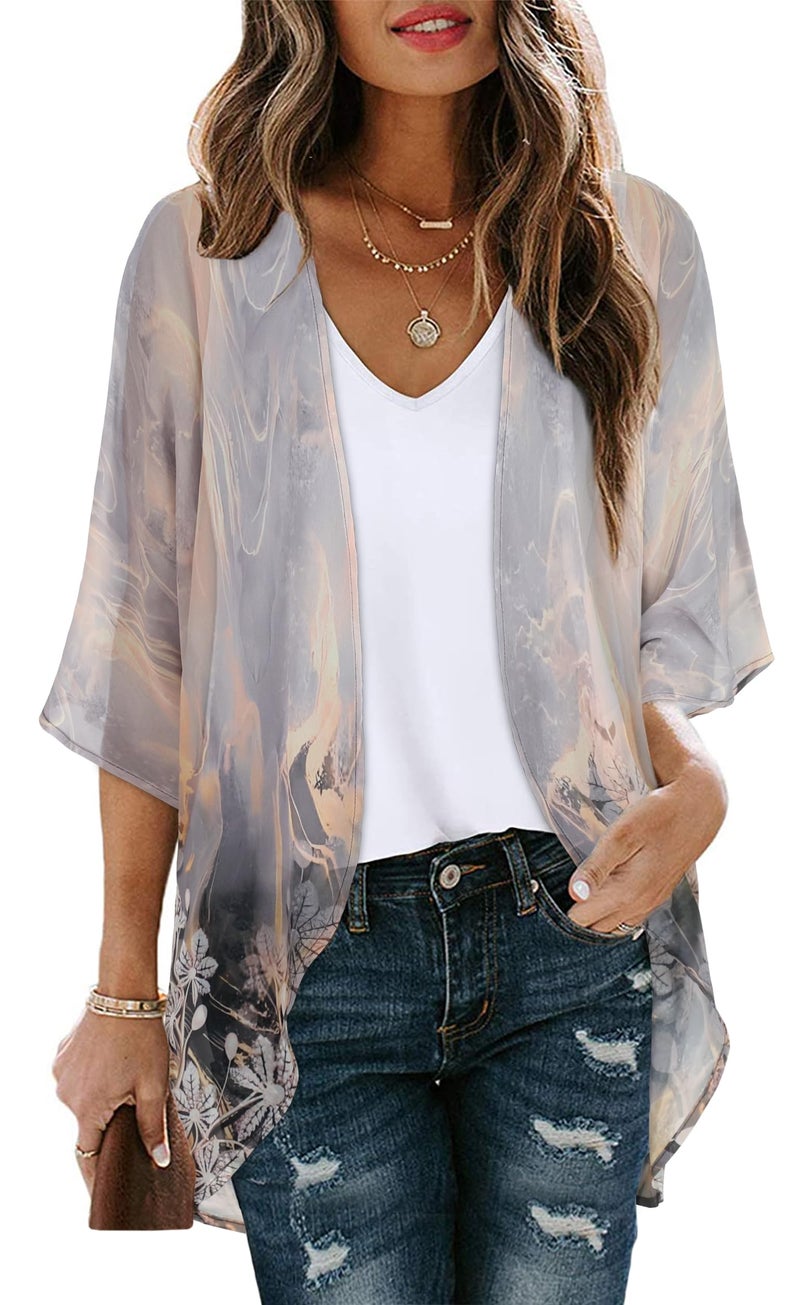 CHICGAL Women's Floral Print Puff Sleeve Kimono Cardigan Loose Cover Up Casual Blouse Tops (Grey Gold Floral,XL) - Image 1